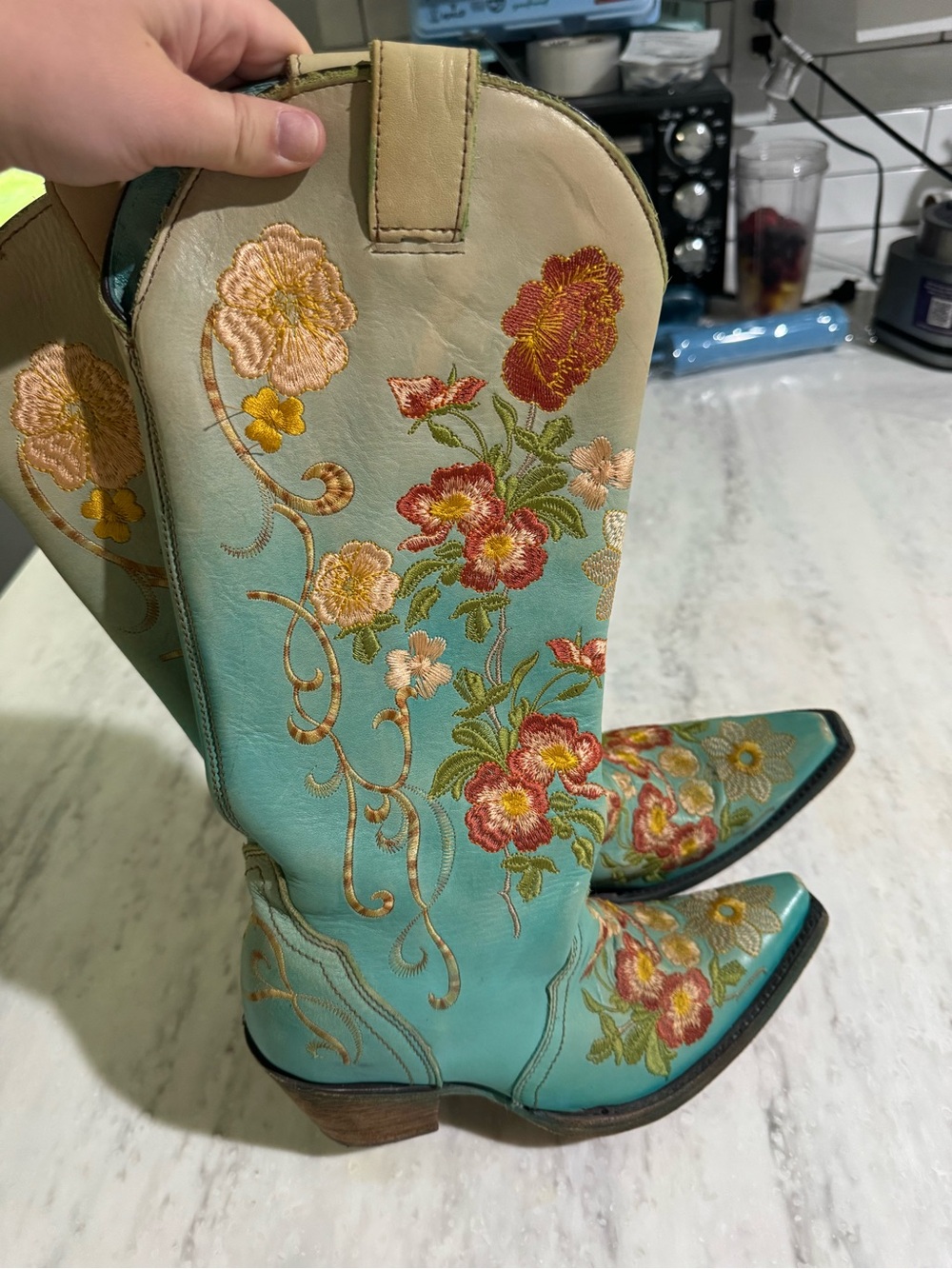 Corral Turquoise Embroidered Floral Western Cowgirl Snip Toe Leather Boots 6.5 - Picture 4 of 8